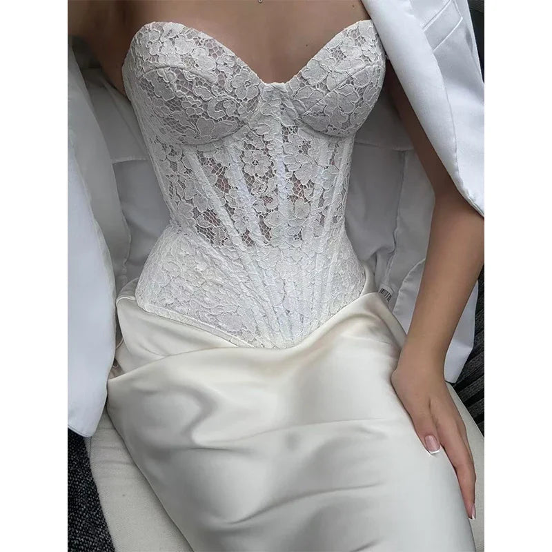 Steel Bone White Lace Corset V-Neck Top Overbust Sexy Sheer Bustier Tops for Women Pure Color Corset Waist Shapewear Lingerie
