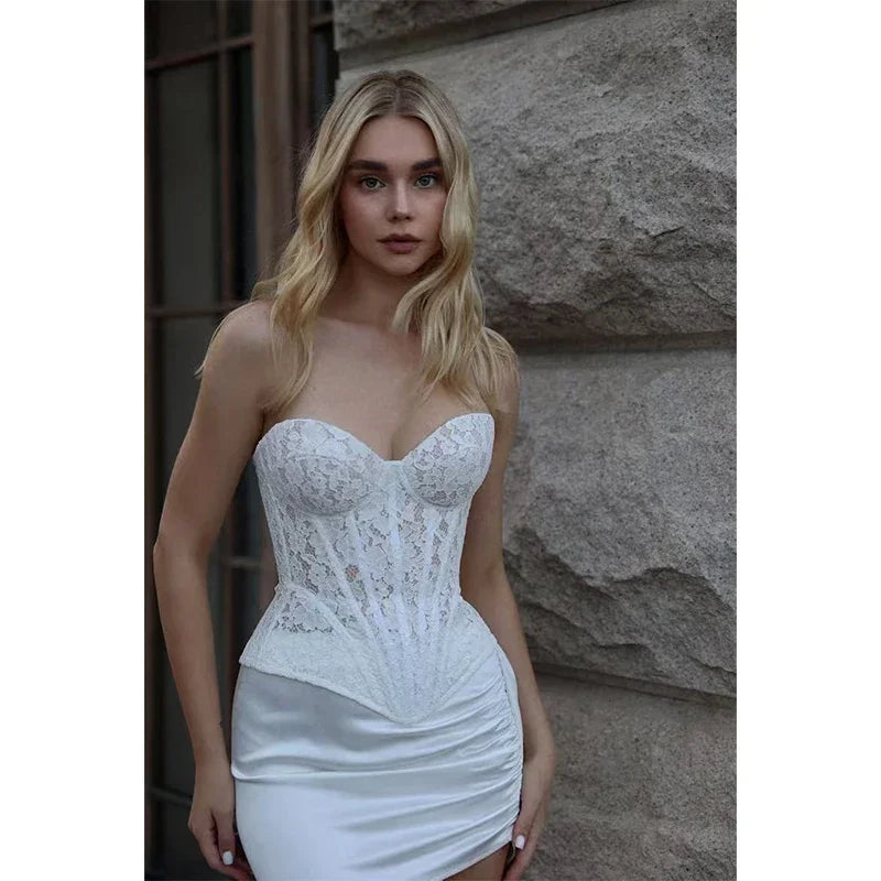 Steel Bone White Lace Corset V-Neck Top Overbust Sexy Sheer Bustier Tops for Women Pure Color Corset Waist Shapewear Lingerie